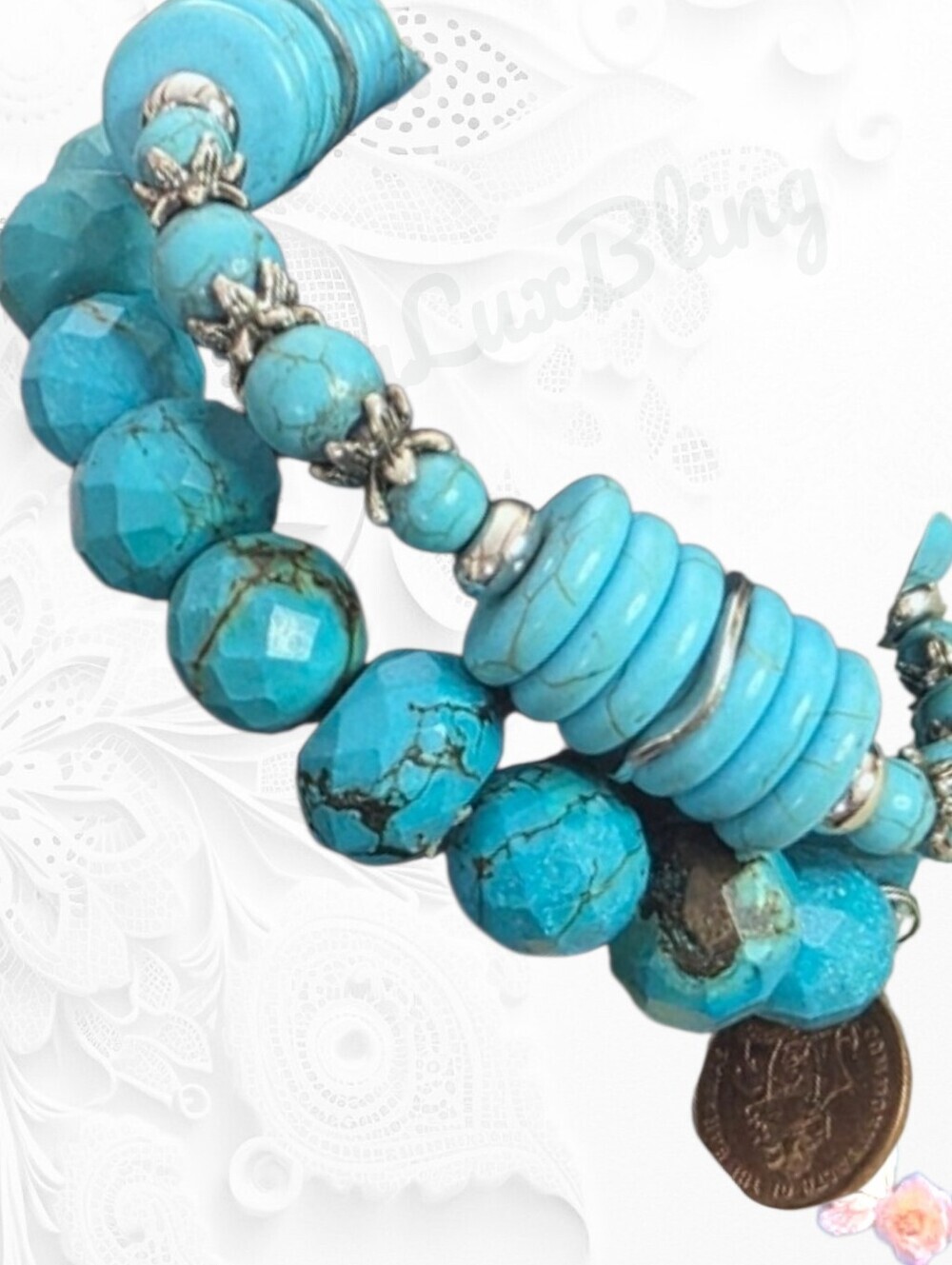 Western Turquoise Look Stone Beaded Bracelet Set Silver Tone Blue 2pc